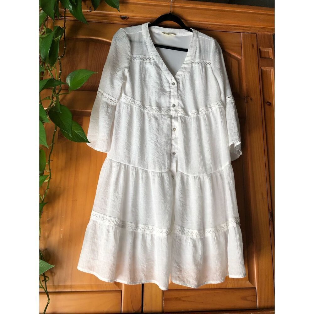 indigo Rose White Boho Tiered Dress Lace Button Front Size M - Picture 2 of 13